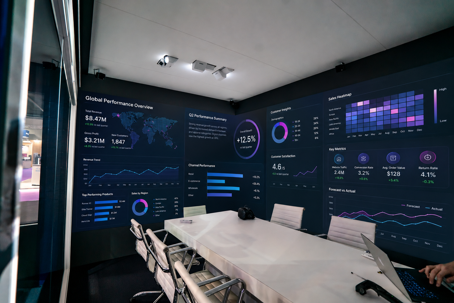 Immersive meeting room with digital dashboards covering the walls