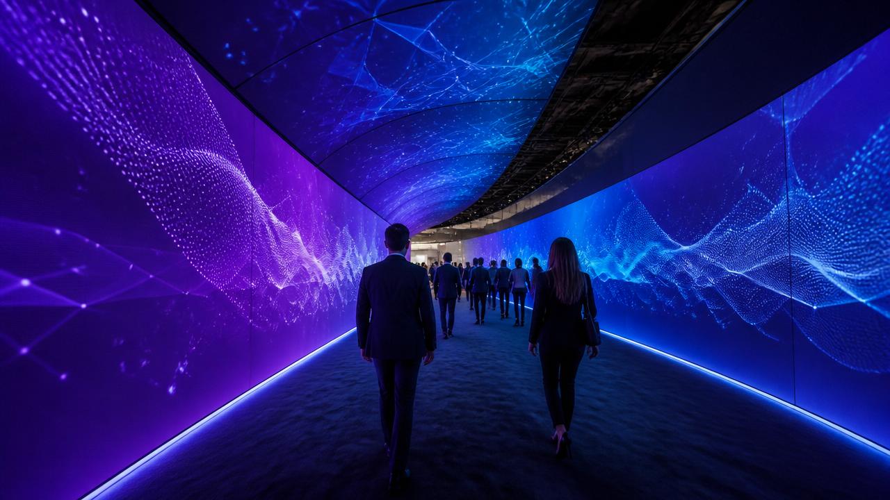 Business attendees walking through a curved LED tunnel with purple and blue digital visuals at a corporate event